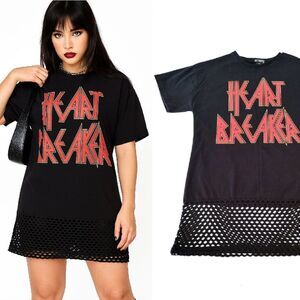 Y2K Hot Topic Black Pink Heart Breaker Print Mesh Hem TShirt Mini Dress Small
